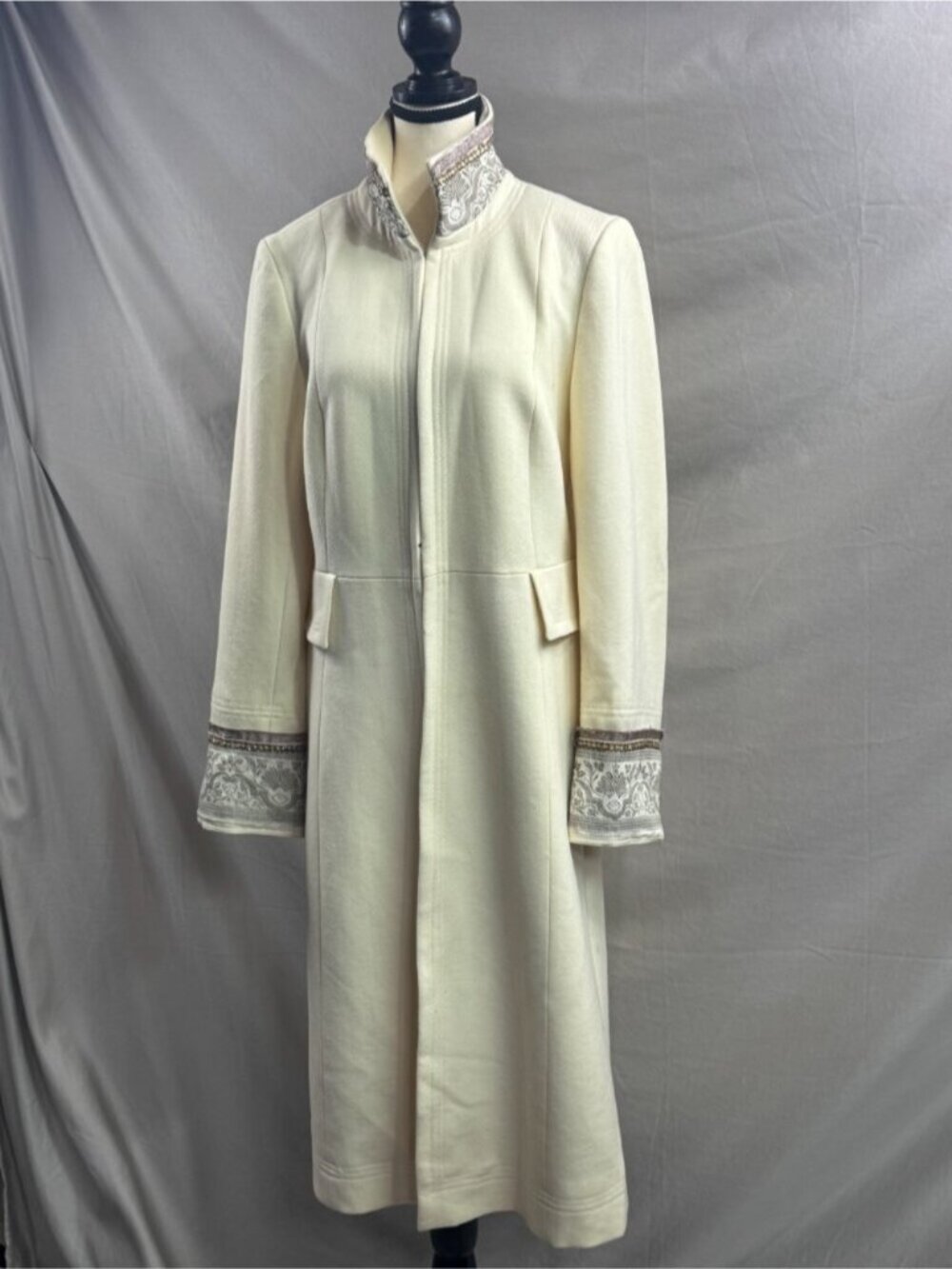 ZARA Collection Wool Blend Embellished Collar & Cuff Long Coat Cream - Picture 3 of 15